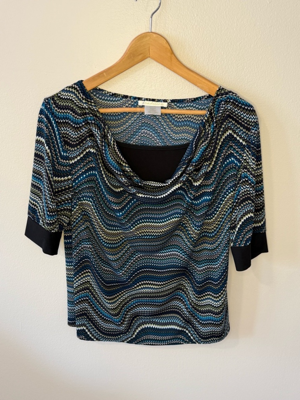 Cowl Neck Wave-Print Blouse in Blue Multi